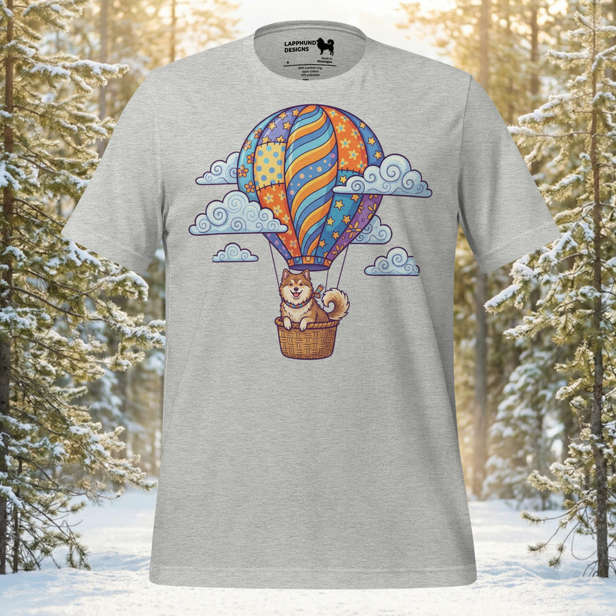 Finnish Lapphund illustrated sitting in a hot air balloon basket floating among soft clouds in a calm sky journey design on a graphic t-shirt