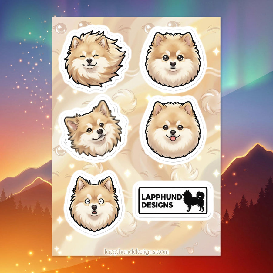 Finnish Lapphund fluffy faces sticker sheet featuring classic breed expressions and smiling faces