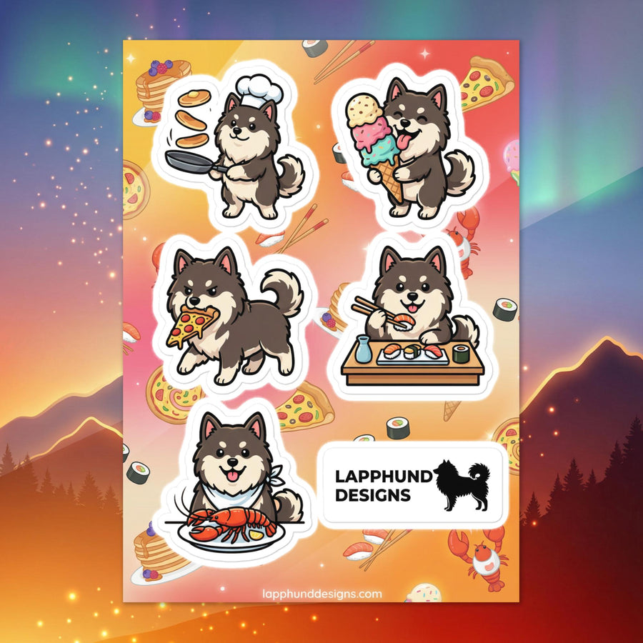 Finnish Lapphund food and treats sticker sheet featuring pizza, ice cream, sushi, pasta, and chef designs