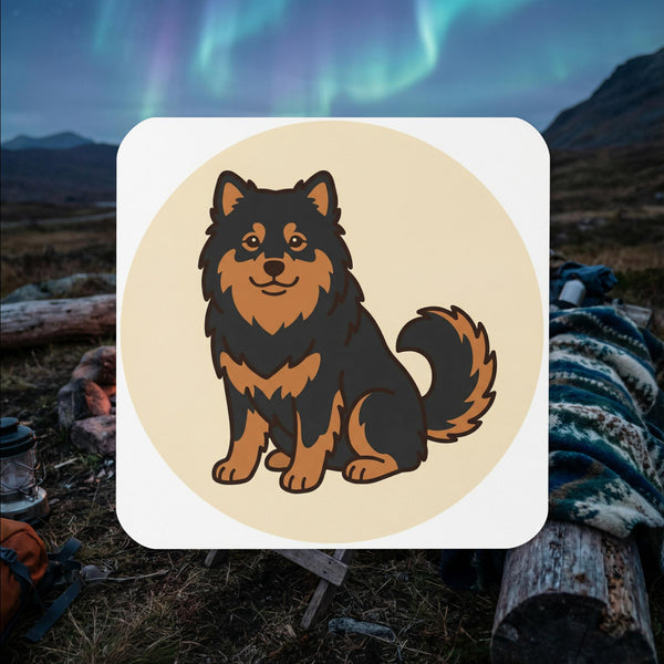 Finnish Lapphund illustrated cork-back coaster with friendly Nordic dog artwork