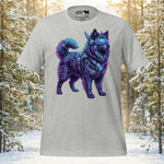 Finnish Lapphund wearing futuristic neon visor and glowing purple circuit armor on a premium black t-shirt.