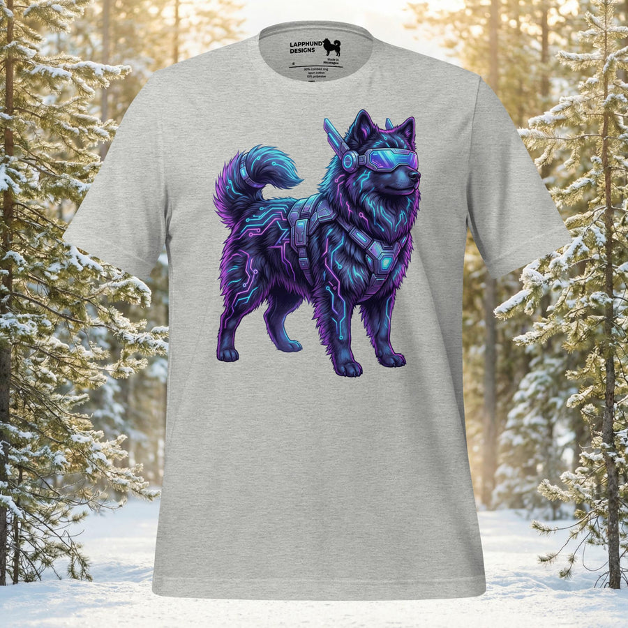 Finnish Lapphund wearing futuristic neon visor and glowing purple circuit armor on a premium black t-shirt.