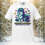 Finnish Lapphund illustrated wearing a gaming headset surrounded by neon icons and playful gamer-themed elements on a graphic t-shirt