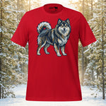 Finnish Lapphund dog in a standing pose rendered in a multi-colored geometric mosaic art style on a premium cotton t-shirt.