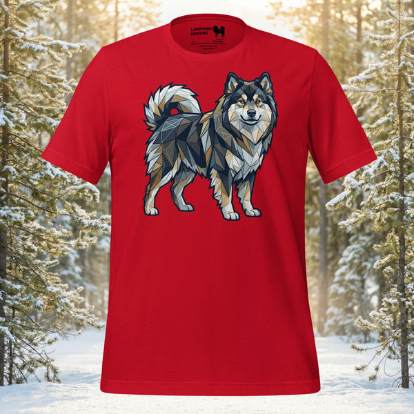 Finnish Lapphund dog in a standing pose rendered in a multi-colored geometric mosaic art style on a premium cotton t-shirt.