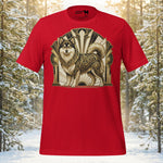 Finnish Lapphund standing with intricate ornamental scrollwork and Art Deco sunburst architectural patterns on a premium unisex t-shirt.