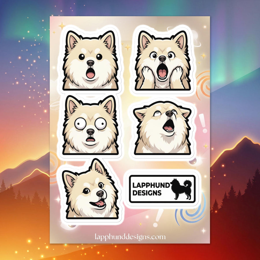 Finnish Lapphund goofy surprise sticker sheet featuring wide eyes, funny faces, and playful shocked expressions