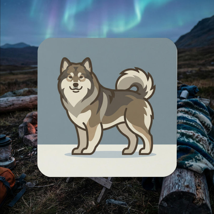 Gray coated Finnish Lapphund illustrated cork-back coaster with clean Nordic design