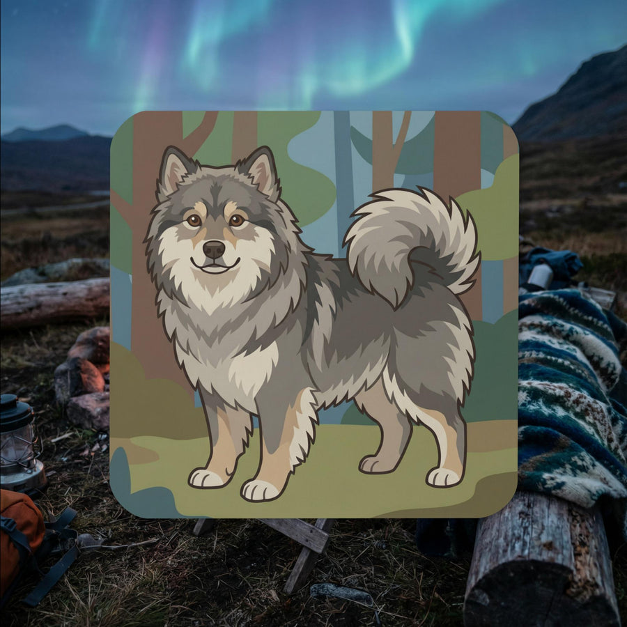 Gray coated Finnish Lapphund illustrated cork-back coaster with woodland forest background