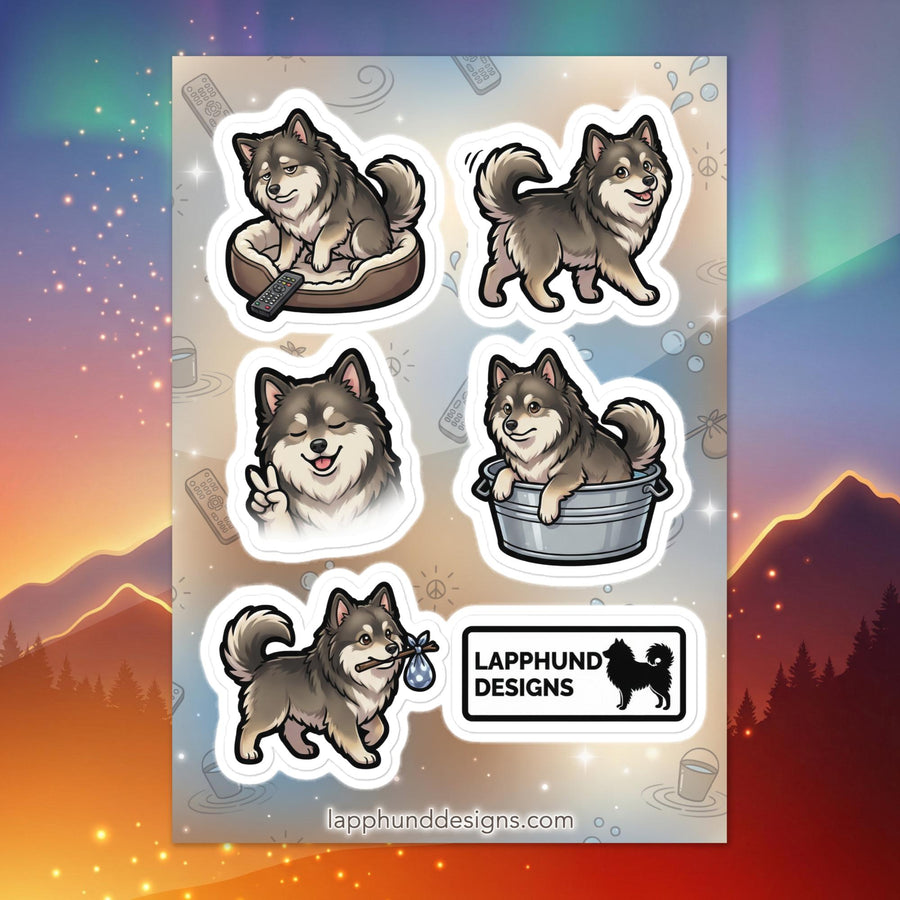 Finnish Lapphund grooming day sticker sheet featuring bath time, brushing, and clean pup designs