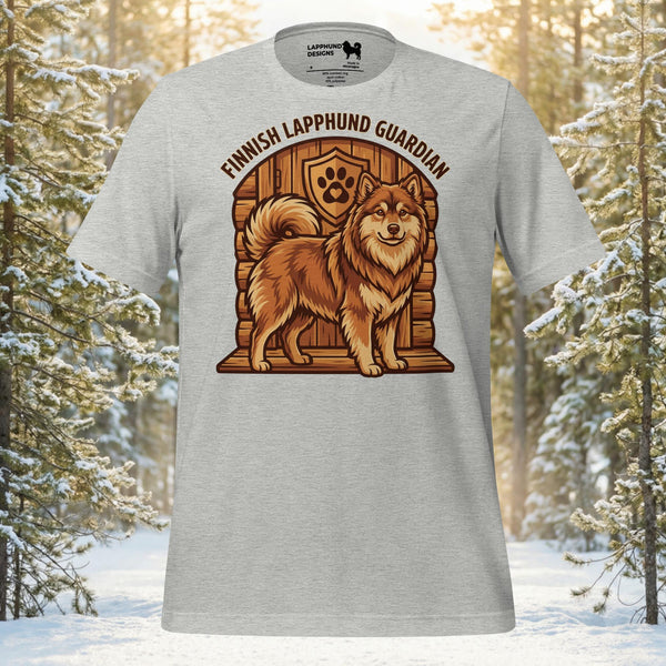 Finnish Lapphund illustrated standing proudly in a carved doorway as a guardian and protector of the home on a graphic t-shirt