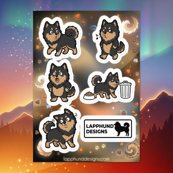 Finnish Lapphund guilty moments sticker sheet featuring oops faces, side-eyes, and caught-in-the-act poses