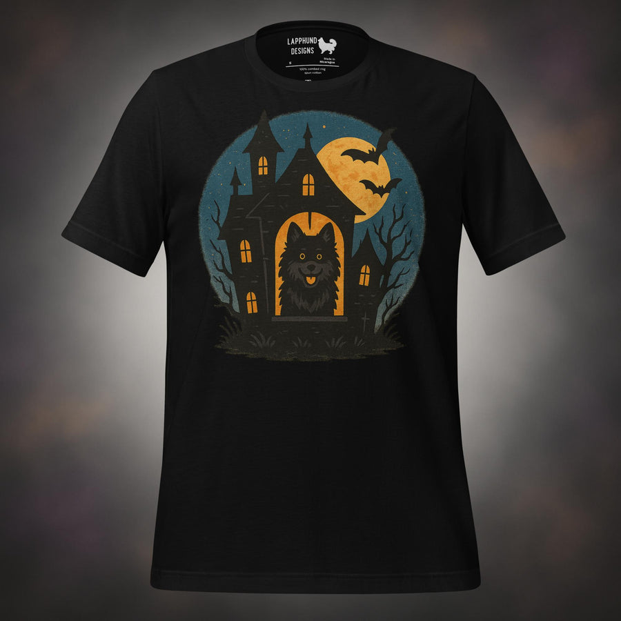 Haunted house Finnish Lapphund Halloween t-shirt in black