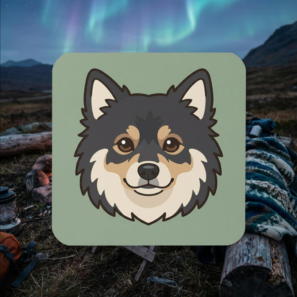 Finnish Lapphund head portrait icon cork-back coaster with minimalist Nordic design