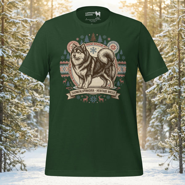 Finnish Lapphund illustrated with Nordic heritage patterns and traditional design elements on a graphic t-shirt