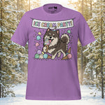 Finnish Lapphund wearing a party hat eating an ice cream cone with sprinkles on a premium unisex t-shirt.