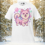 Finnish Lapphund illustrated in a kawaii pastel style with floating bubbles and heart details in a cute fantasy design on a graphic t-shirt