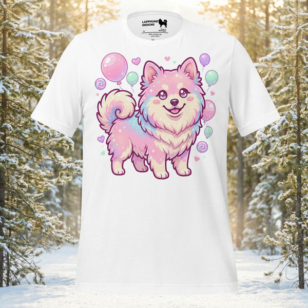 Finnish Lapphund illustrated in a kawaii pastel style with floating bubbles and heart details in a cute fantasy design on a graphic t-shirt
