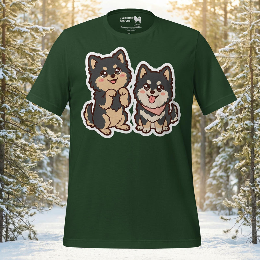 Two cute chibi Finnish Lapphund dogs with happy expressions and bandanas on a premium cotton t-shirt.