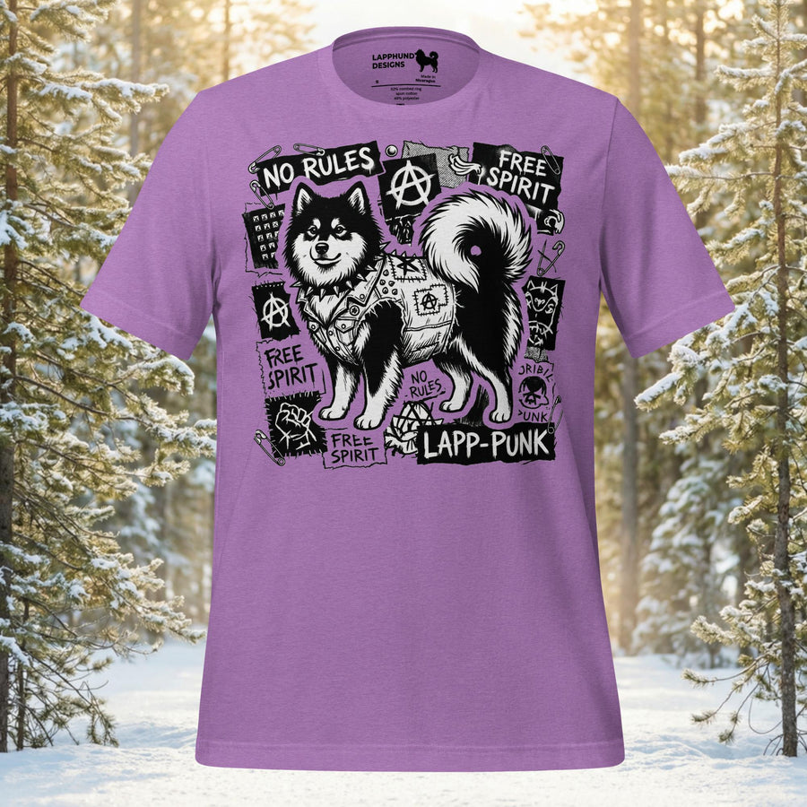 Punk-inspired Finnish Lapphund illustration with rebellious graphics on a graphic t-shirt