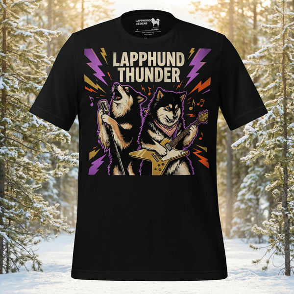 Finnish Lapphund Lapphund Thunder t-shirt featuring two dogs rocking out with guitar and lightning bolts