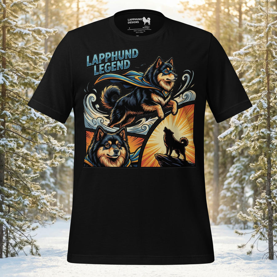 Legend-inspired Finnish Lapphund illustration featuring heroic poses and dramatic scenery on a graphic t-shirt