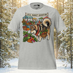 Finnish Lapphund dog with a basket of vegetables at a local market adventure on a premium cotton t-shirt.