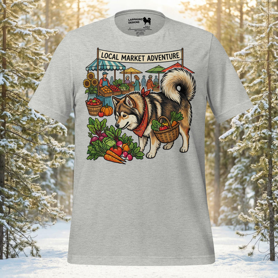 Finnish Lapphund dog with a basket of vegetables at a local market adventure on a premium cotton t-shirt.