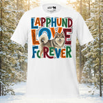 Finnish Lapphund illustrated alongside bold stacked typography reading Lapphund Love Forever in a playful statement design on a graphic t-shirt