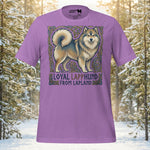 Finnish Lapphund standing within a rectangular frame of intricate Nordic knotwork with heritage text on a premium cotton t-shirt.