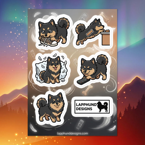 Finnish Lapphund mischief moments sticker sheet featuring playful trouble, zoomies, and puppy antics