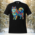 Finnish Lapphund standing in a multi-faceted geometric mosaic style with vibrant prismatic patterns on a premium unisex t-shirt.