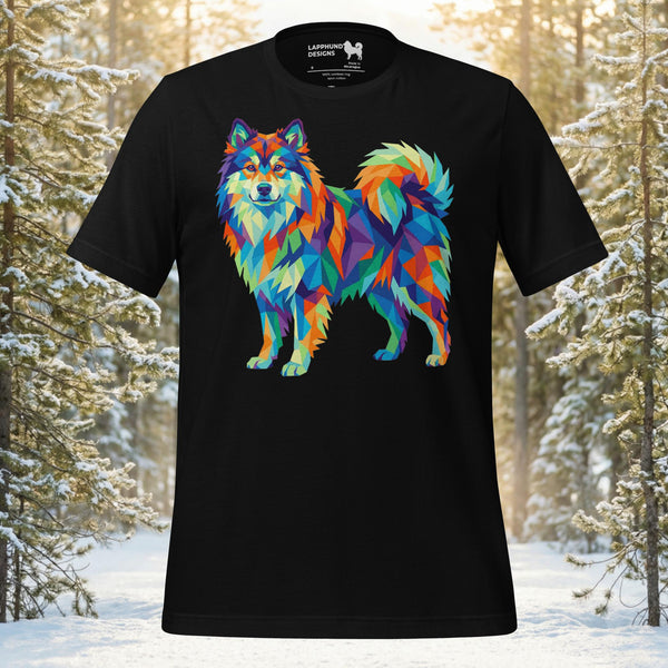 Finnish Lapphund standing in a multi-faceted geometric mosaic style with vibrant prismatic patterns on a premium unisex t-shirt.