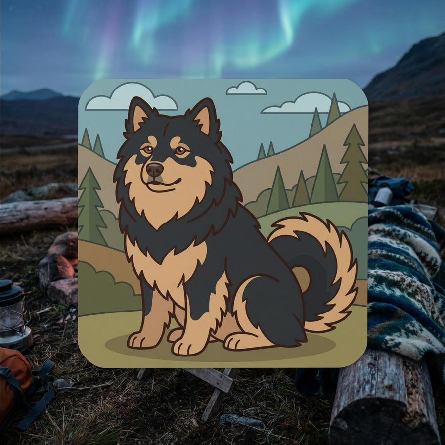 Finnish Lapphund illustrated cork-back coaster with mountain meadow landscape and evergreen trees