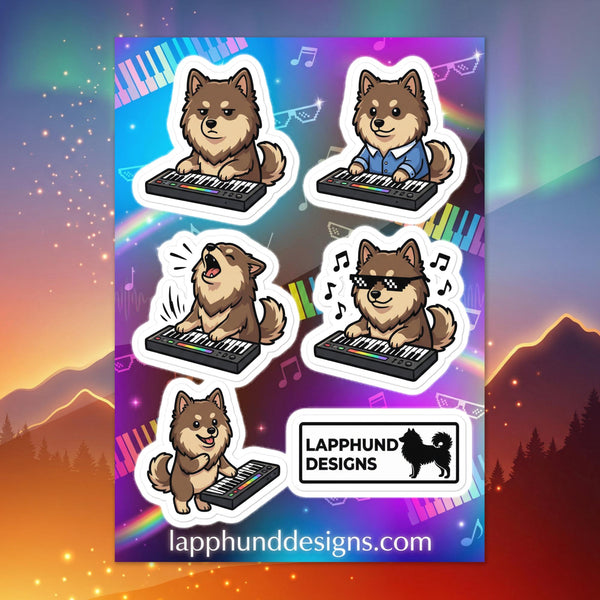 Finnish Lapphund music time sticker sheet featuring keyboard playing, singing, and playful performance expressions