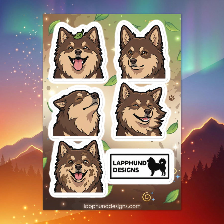Finnish Lapphund nature calm sticker sheet featuring fresh air smiles, relaxed faces, and outdoor-inspired expressions