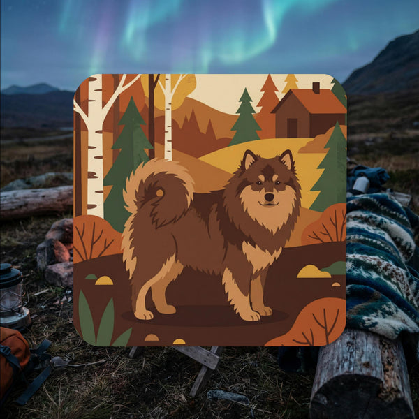 Finnish Lapphund illustrated cork-back coaster with Nordic cabin and countryside landscape