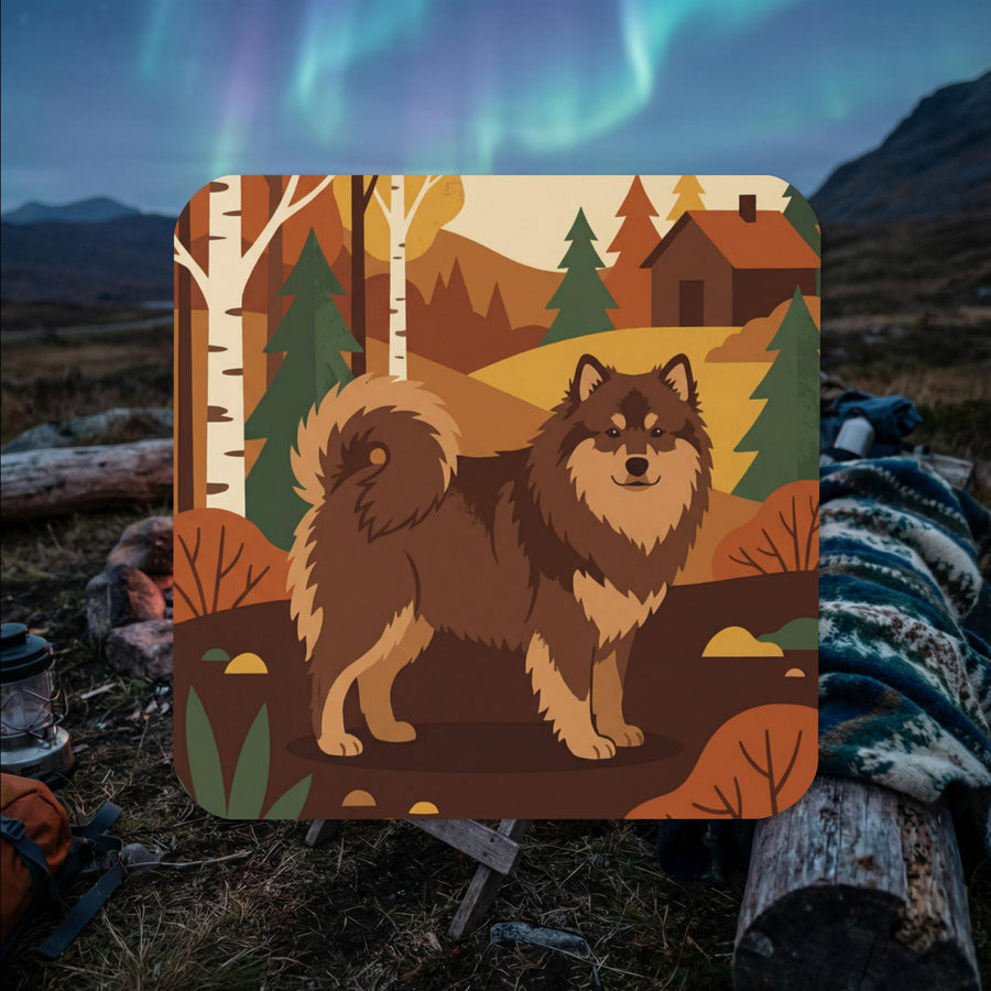 Finnish Lapphund illustrated cork-back coaster with Nordic cabin and countryside landscape