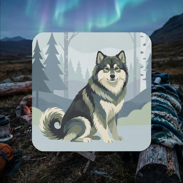 Finnish Lapphund illustrated cork-back coaster with Nordic forest landscape and cool tones