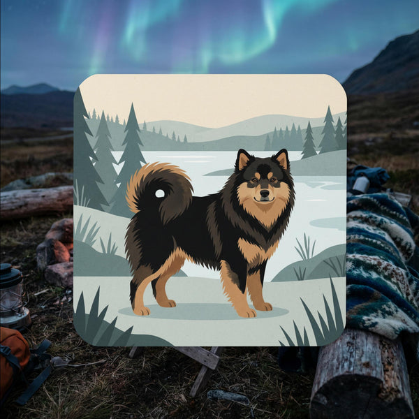 Finnish Lapphund illustrated cork-back coaster with Nordic lakeside forest landscape