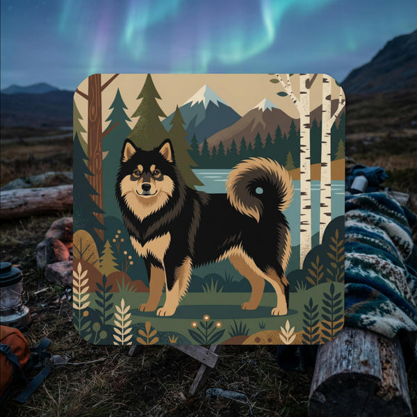 Finnish Lapphund illustrated cork-back coaster with Nordic mountain lake, birch trees, and forest details
