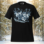 Finnish Lapphund illustrated in a dramatic Nordic myth-inspired winter hunt scene with antlered figures and icy motion on a graphic t-shirt