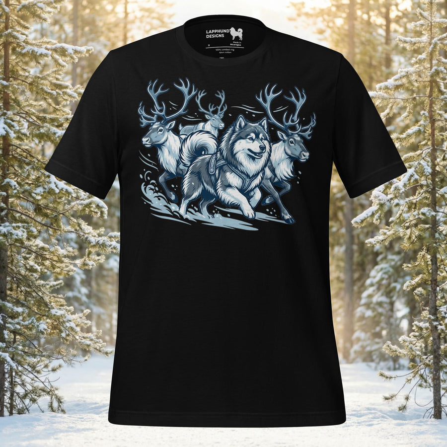 Finnish Lapphund illustrated in a dramatic Nordic myth-inspired winter hunt scene with antlered figures and icy motion on a graphic t-shirt
