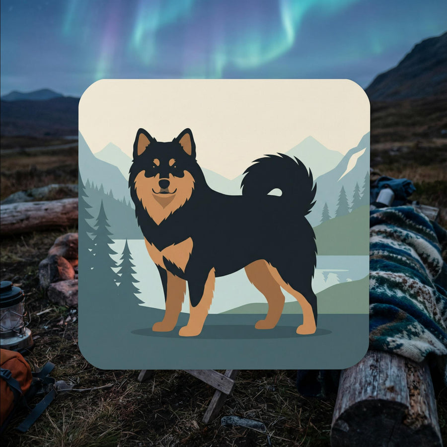 Finnish Lapphund illustrated cork-back coaster with Nordic wilderness landscape and mountain scenery