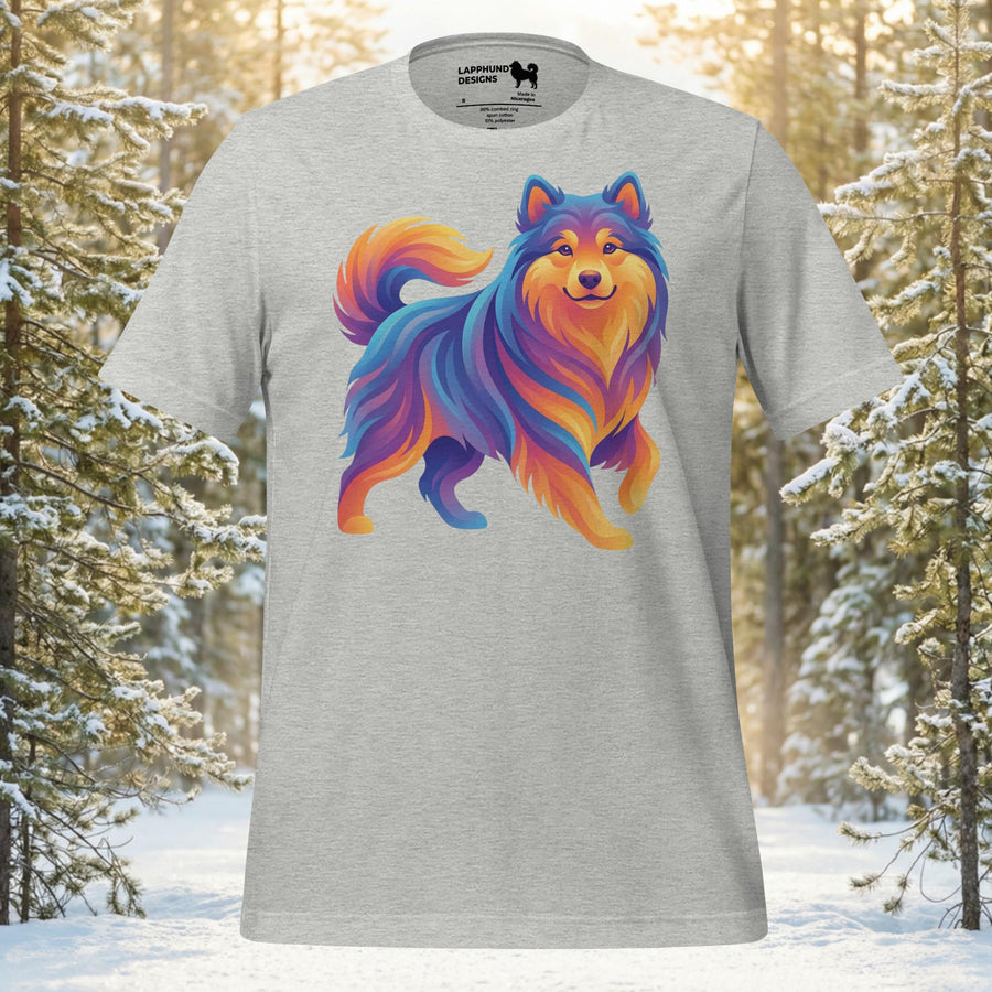 Artistic Finnish Lapphund portrait featuring flowing northern lights swirls for outdoor adventure dog lovers and gift seekers.