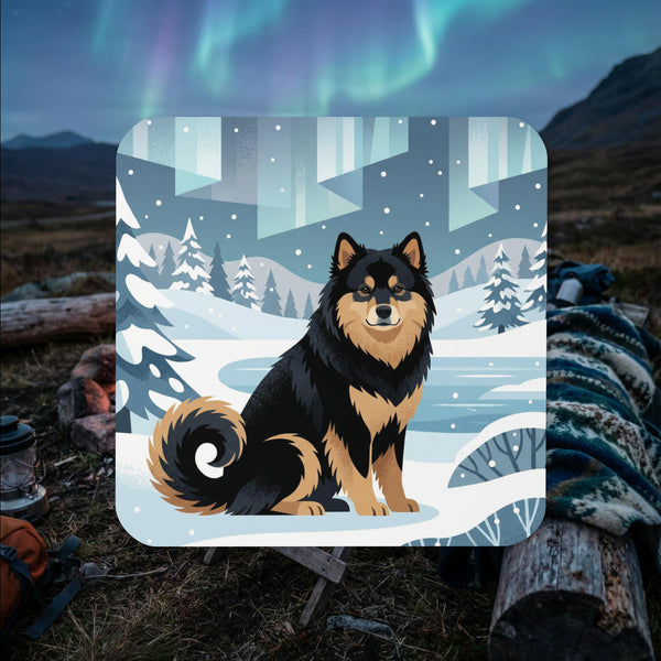 Finnish Lapphund illustrated cork-back coaster with northern lights winter landscape