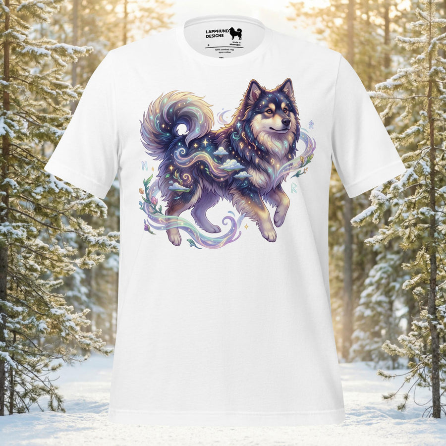 Finnish Lapphund northern spirit t-shirt with flowing aurora-inspired Nordic dog artwork