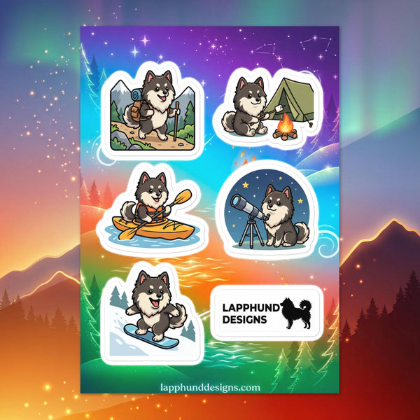 Finnish Lapphund outdoor adventure sticker sheet featuring hiking, camping, kayaking, stargazing, and winter designs
