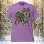Finnish Lapphund illustrated with layered brushstroke textures and rich painterly detail in a full-body artistic design on a graphic t-shirt