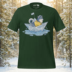 Finnish Lapphund paper boat adventure t-shirt with playful rainy day dog artwork